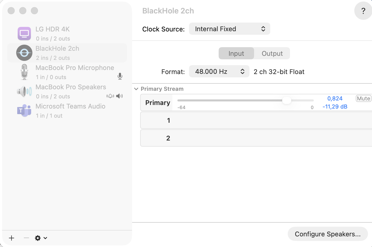 Audio MIDI Setup com o dispositivo BlackHole 2ch