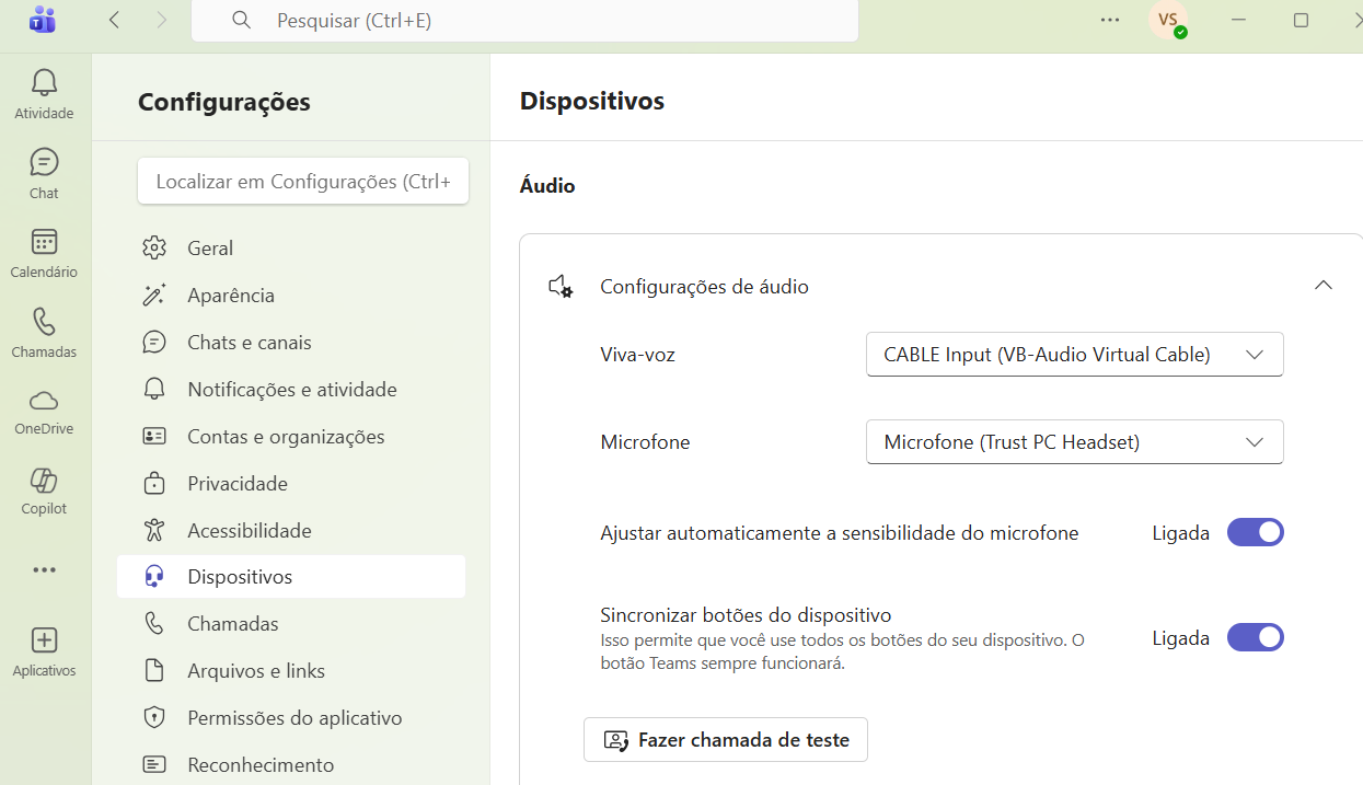 Configurações de áudio do Teams